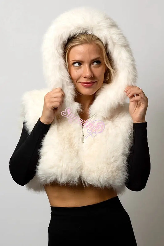 Aurora Halo Premium LED Vest in white faux fur. Women's cropped hooded festival vest worn over a black outfit perfect for rave gear.