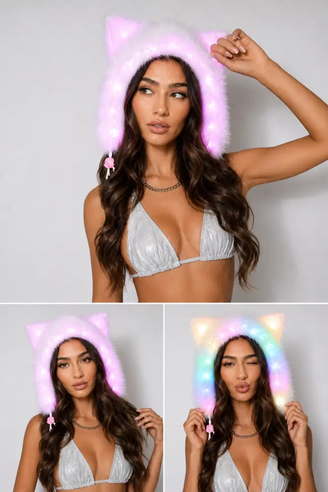 Pretty Kitty Faux Fur LED Hood - Apparel & Accessories > Clothing Accessories > Hats