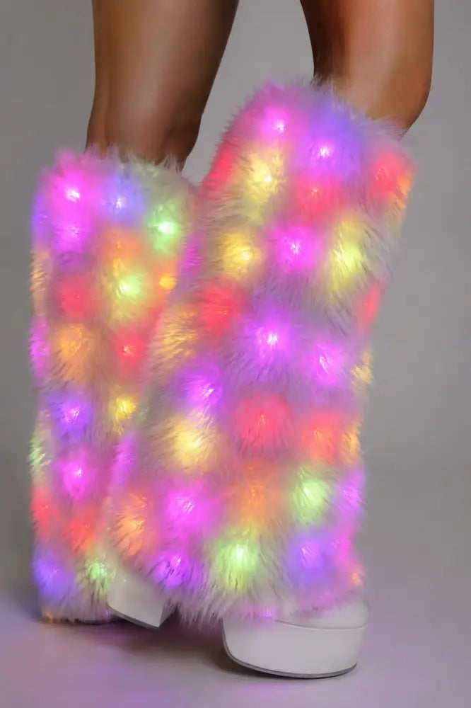 SugarFur Fluffy LED Leg Warmers | White Color-Changing Luxe Faux Fur Boot Covers