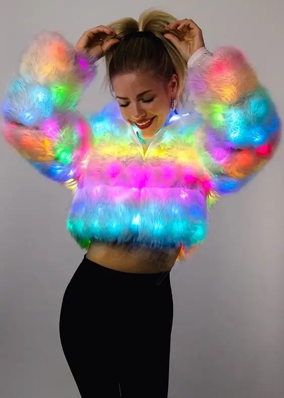 SugarFur Prism LED Coat - White Light Up Faux Fur Jacket