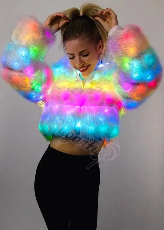 SugarFur Frost LED Coat - White Light Up Faux Fur Jacket Apparel > Women’s Outerwear > Rave Wear > LED Festival Vest