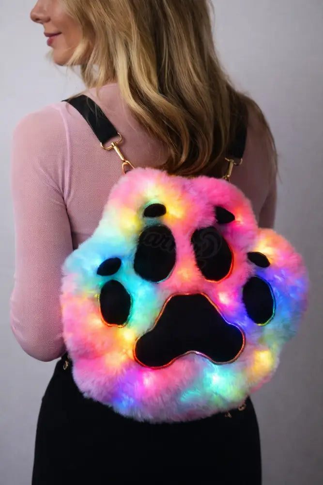 SugarFur Paw Glow LED Backpack - White Faux Fur Light Up Rave Bag