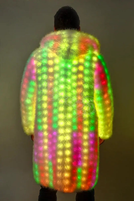 Man wearing colorful light up rave coat full of LEDs from top to bottom.