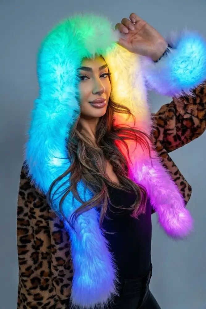SugarFur Snow Kitty LED Jacket- Cropped Leopard Faux Fur - Apparel > Women’s Outerwear > Rave Wear > LED Festival Coats