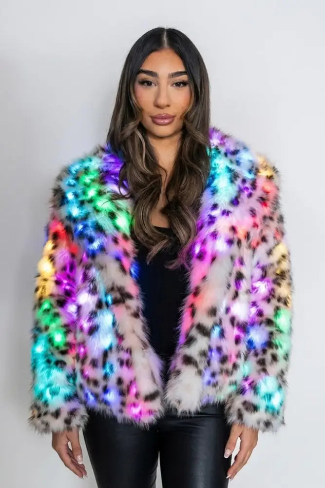 SugarFur Snow Leopard Premium LED Jacket - Mid-Length Faux Fur - Apparel > Women’s Outerwear > Rave Wear > LED Festival