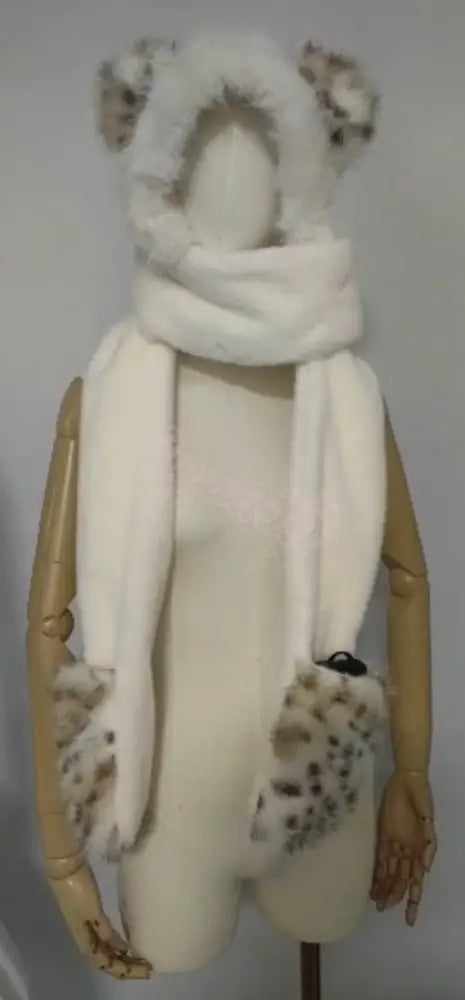Sugarfur Snowy Leopard Scoodie | White Faux Fur Hooded Scarf Apparel & Accessories > Clothing Accessories > Scarves &