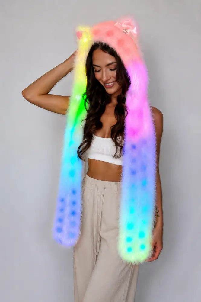 SugarHood | White LED Faux Fur Hooded Scarf with Ears & Bows - Apparel & Accessories > Clothing Accessories > Scarves &