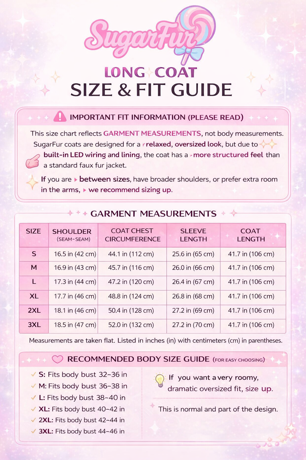 Snow Angel Vest garment size chart