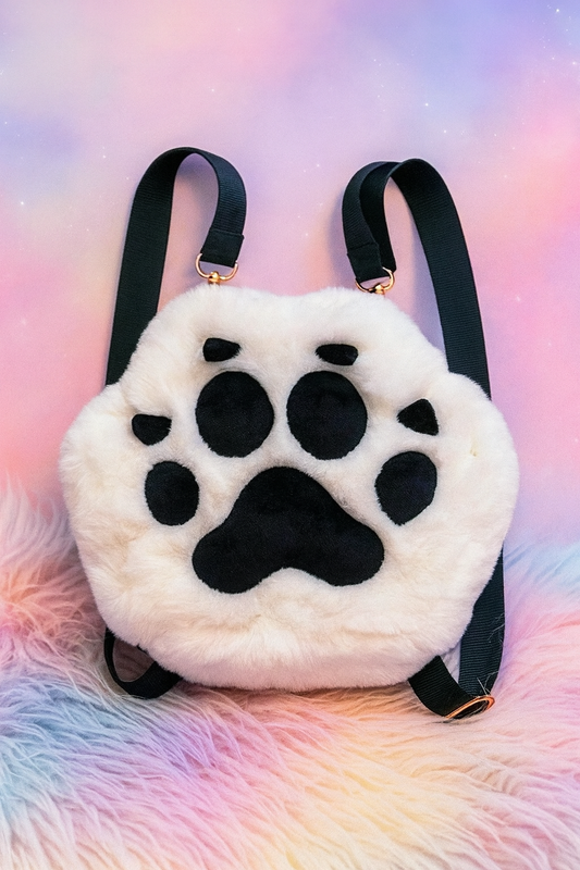 White backpack with black paw print design on a fluffy pink surface