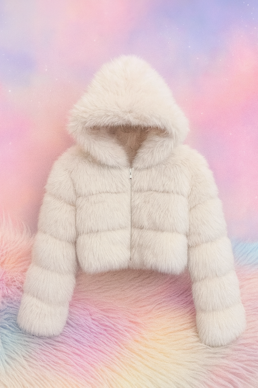 White fur jacket on a colorful, fluffy background