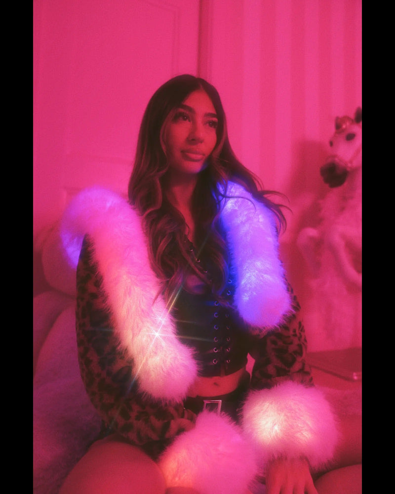 SugarFur Snow Kitty LED Jacket- Cropped Leopard Faux Fur