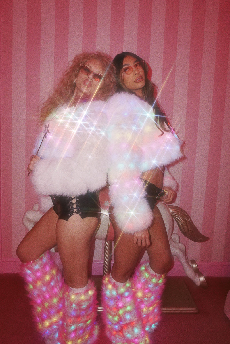 SugarFur Electric FLARE Cotton Candy Leg Warmers | Pink LED Color Changing Faux Fur Boot Covers