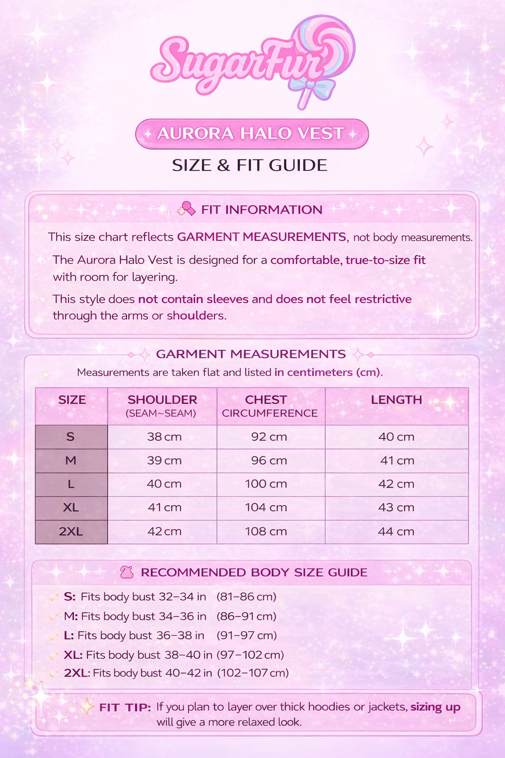 Halo Vest garment size chart