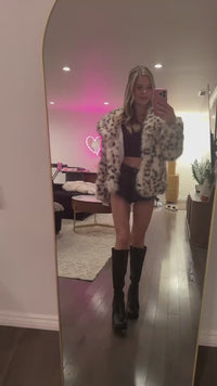 SugarFur Snow Leopard Premium LED Jacket - Mid-Length Faux Fur