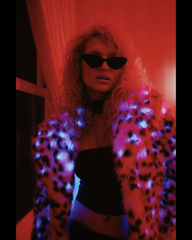 SugarFur Snow Leopard Premium LED Jacket - Mid-Length Faux Fur