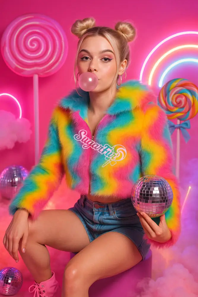Rainbow Sugar LED Jacket – Cropped Light-Up Faux Fur Coat (OLD STYLE) coat