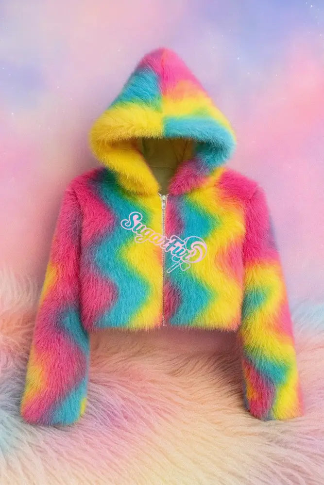 Rainbow Sugar LED Jacket – Cropped Light-Up Faux Fur Coat (OLD STYLE) coat
