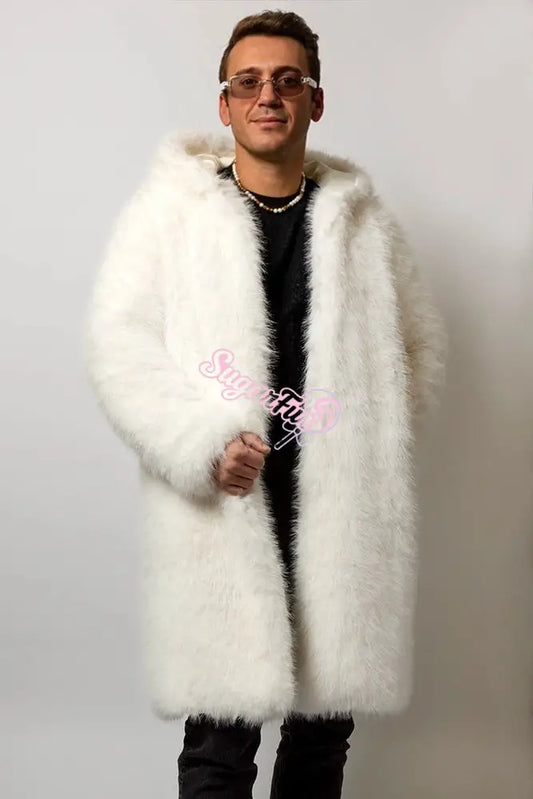 Male model wearing the full-length SugarFur Snow Angel LED Coat in white faux fur.