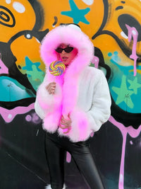SugarFur Candy Cloud LED Jacket - Cropped Rainbow Faux Fur Apparel > Women’s Outerwear > Rave Wear > LED Festival Coats