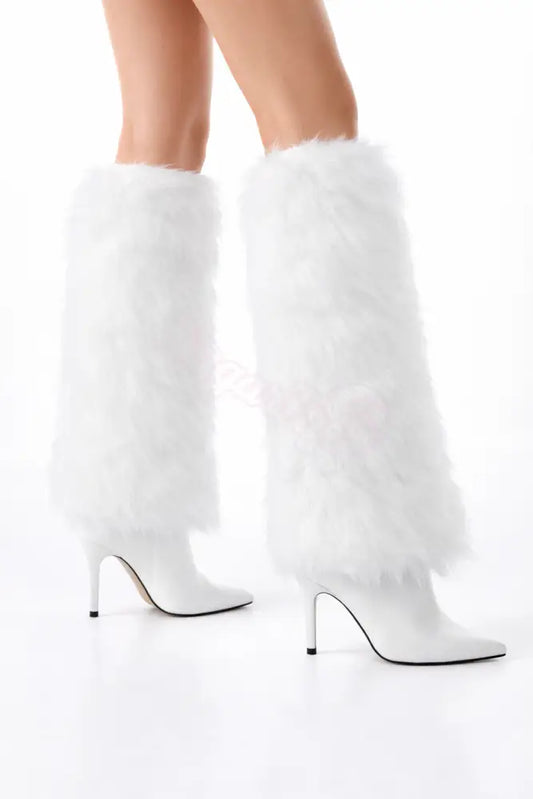 SugarFur Electric Aurora Leg Warmers | White Color-Changing LED Faux Fur Boot Covers