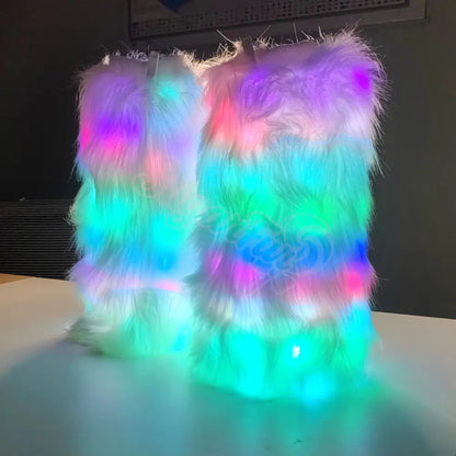 white leg warmers with LED lights showing rainbow color