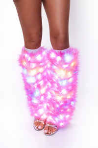 Light up pink furry leg warmers with LED lights for rave outfits and Burning Man fashion