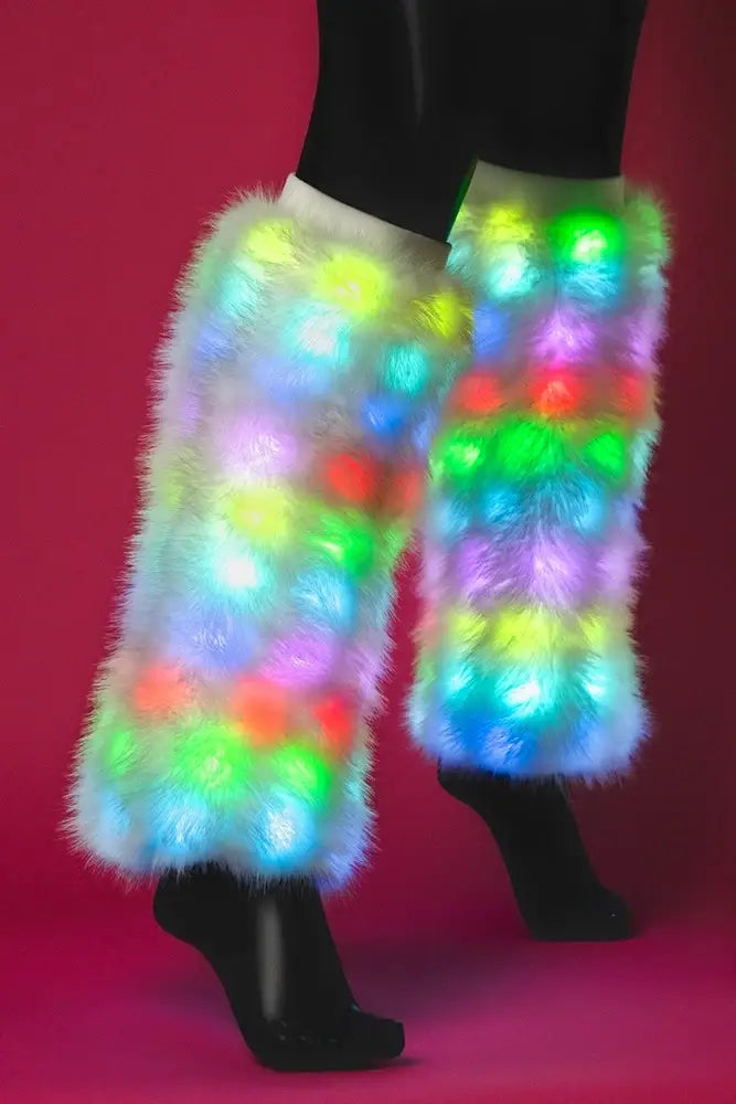 SugarFur Fluffy LED Leg Warmers | White Color-Changing Luxe Faux Fur Boot Covers