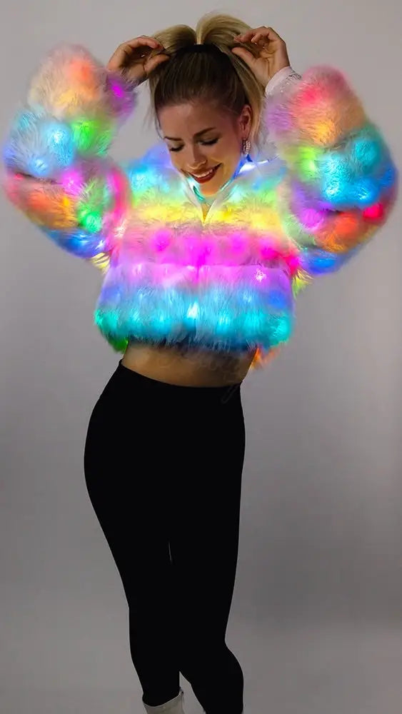 SugarFur Frost LED Coat - White Light Up Faux Fur Jacket Apparel > Women’s Outerwear > Rave Wear > LED Festival Vest