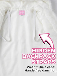 White hoodie with hidden backpack straps and pink label, text indicating use as a cape and hands-free dancing.