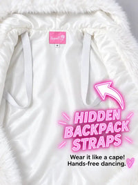 Showing hidden backpack straps in faux fur coat