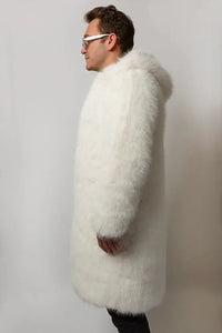 Side view of male model wearing SugarFur weighted long faux fur led coat 