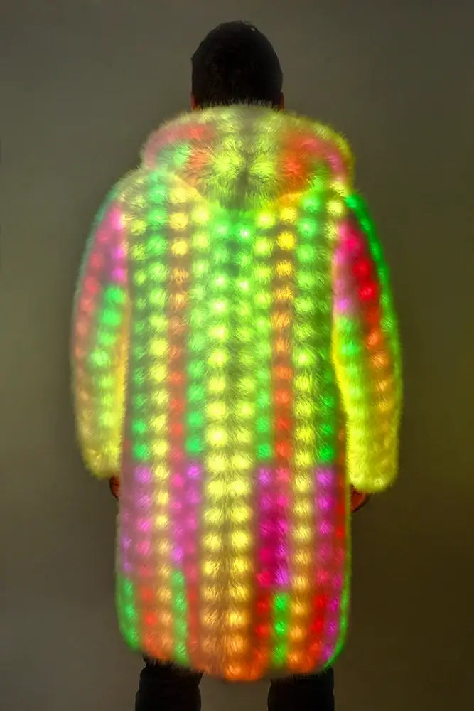 Man wearing colorful light up rave coat full of LEDs from top to bottom.