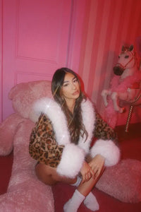 SugarFur Snow Kitty LED Jacket- Cropped Leopard Faux Fur Apparel > Women’s Outerwear > Rave Wear > LED Festival Coats