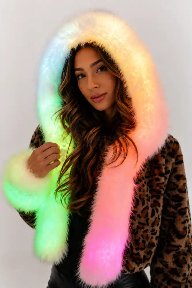 SugarFur Snow Kitty LED Jacket- Cropped Leopard Faux Fur - Apparel > Women’s Outerwear > Rave Wear > LED Festival Coats