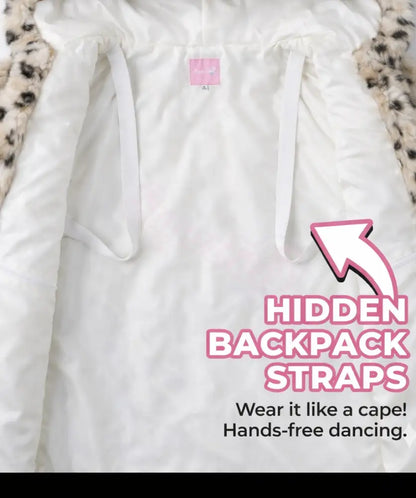 White coat with leopard print hood and hidden backpack straps on a white background