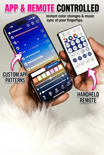 Smartphone and remote control with app for color-changing lights and music sync.
