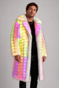 SugarFur SugarDaddy LED Coat - Long-Length White Faux Fur - Apparel > Men’s Outerwear > Rave Wear > LED Festival Coats