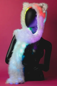 SugarHood | White LED Faux Fur Hooded Scarf with Ears & Bows - Apparel & Accessories > Clothing Accessories > Scarves &