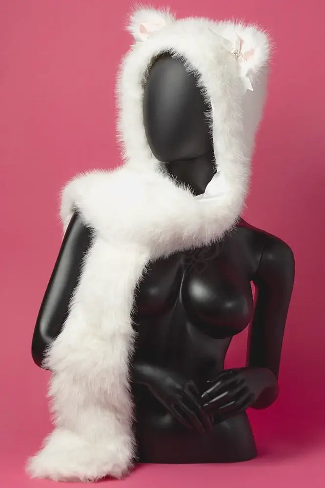 SugarHood | White LED Faux Fur Hooded Scarf with Ears & Bows - Apparel & Accessories > Clothing Accessories > Scarves &