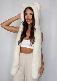 SugarHood | White LED Faux Fur Hooded Scarf with Ears & Bows - Apparel & Accessories > Clothing Accessories > Scarves &