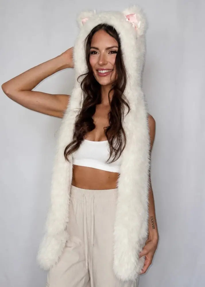Sugarfur Snowy Leopard Scoodie | White Faux Fur Hooded Scarf